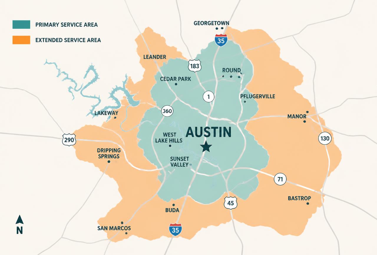 Map illustration of the Kamili and Karol Cleaning service area around Austin, Texas