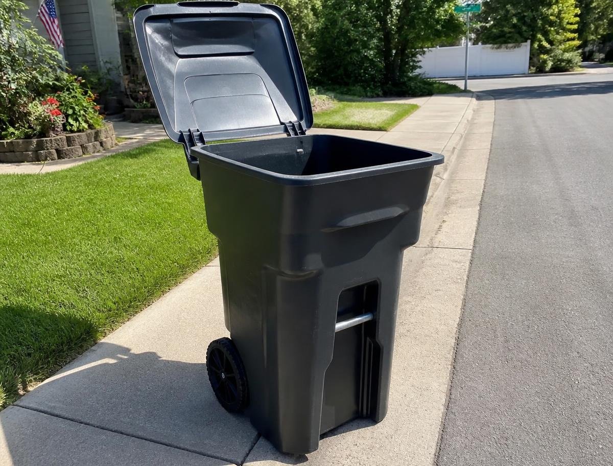 A freshly cleaned trash bin at the curb